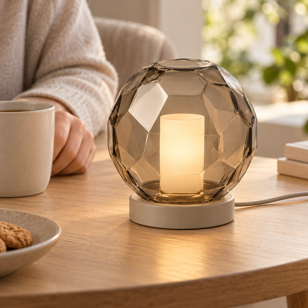 Everlumaor Smoke Gray Faceted Glass-Look Globe Table Lamp