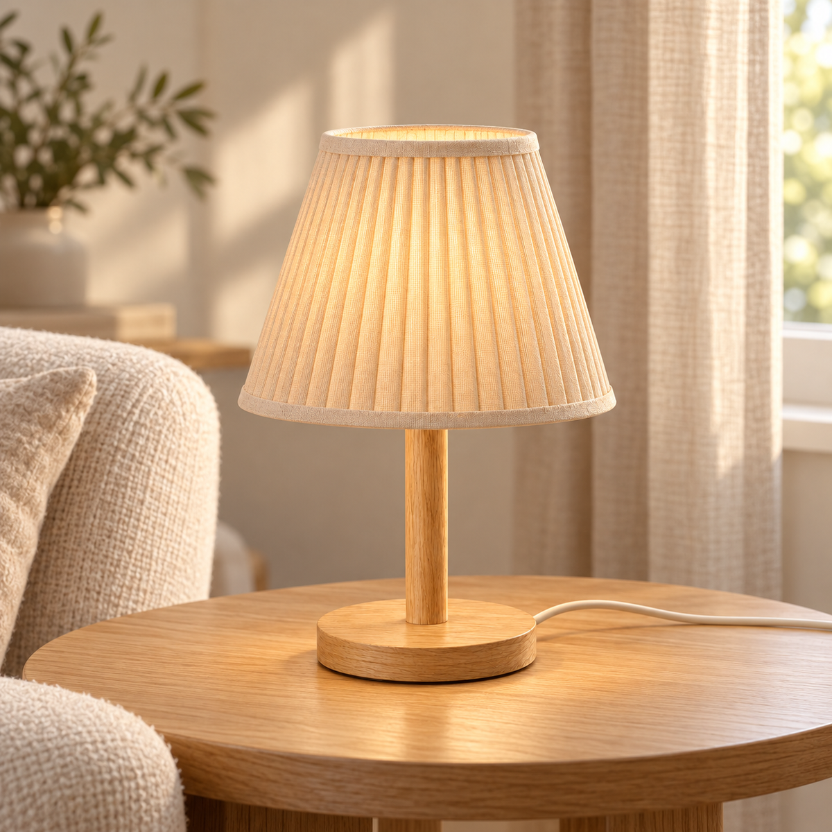 Everlumaor Wood-Look Pleated Shade Table Lamp