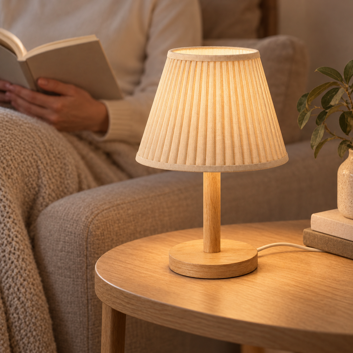 Everlumaor Wood-Look Pleated Shade Table Lamp