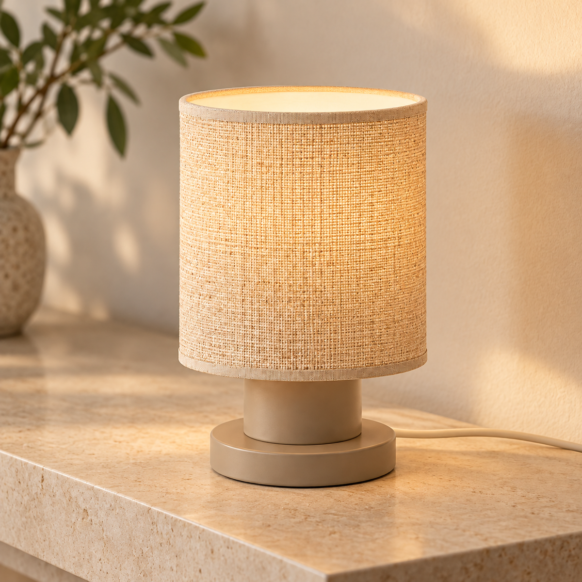 Everlumaor Taupe Fabric-Look Cylinder Table Lamp