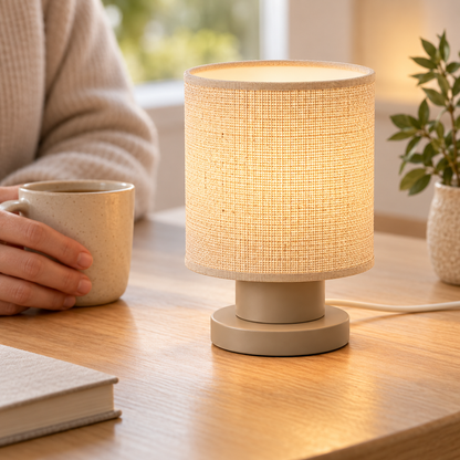 Everlumaor Taupe Fabric-Look Cylinder Table Lamp