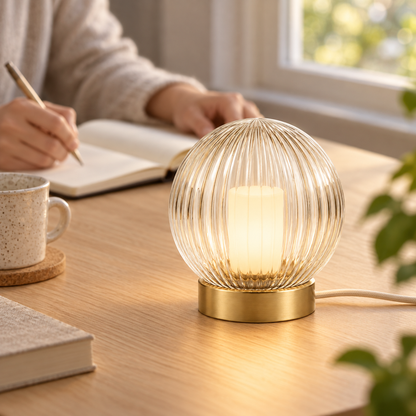 Everlumaor Clear Ribbed Glass-Look Globe Table Lamp
