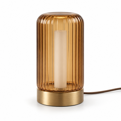 Everlumaor Amber Ribbed Glass-Look Cylinder Table Lamp