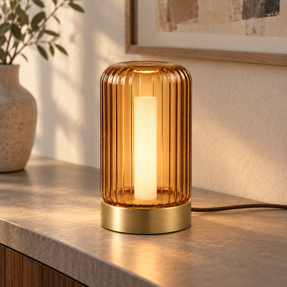 Everlumaor Amber Ribbed Glass-Look Cylinder Table Lamp