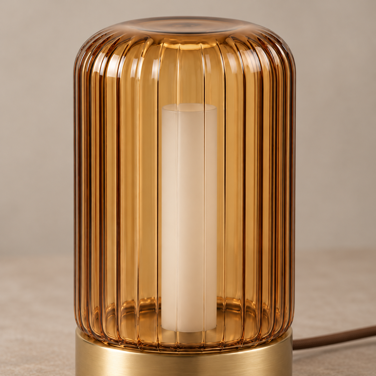 Everlumaor Amber Ribbed Glass-Look Cylinder Table Lamp
