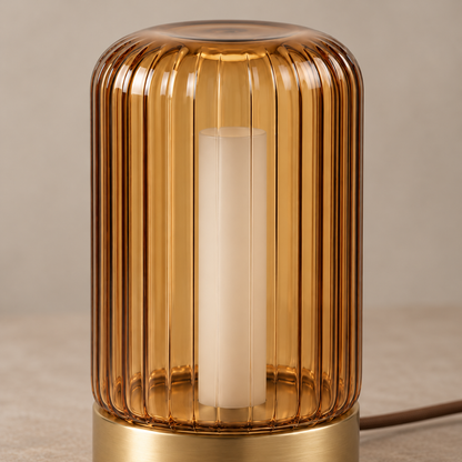 Everlumaor Amber Ribbed Glass-Look Cylinder Table Lamp