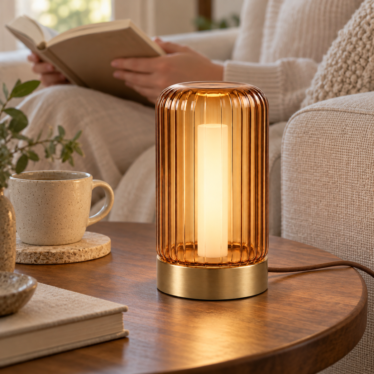 Everlumaor Amber Ribbed Glass-Look Cylinder Table Lamp