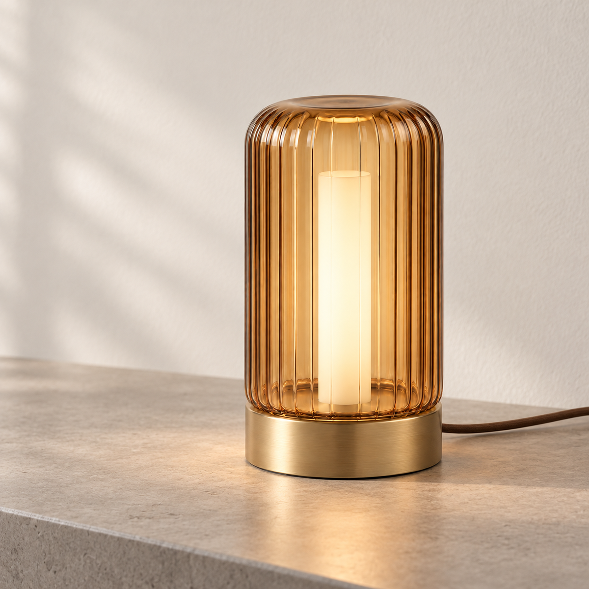 Everlumaor Amber Ribbed Glass-Look Cylinder Table Lamp