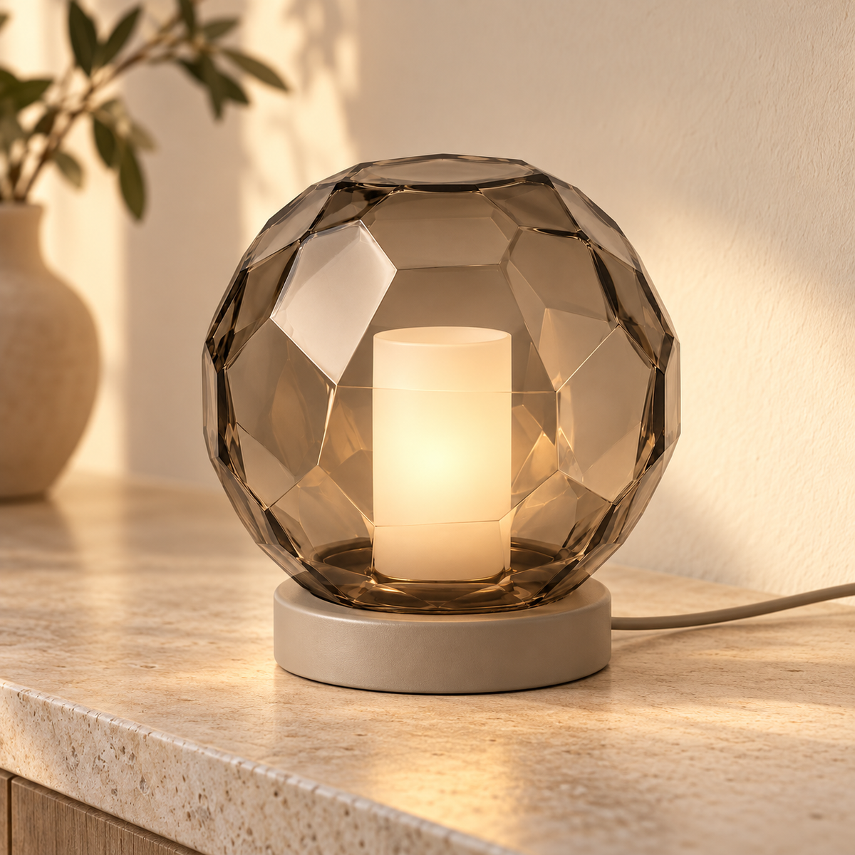 Everlumaor Smoke Gray Faceted Glass-Look Globe Table Lamp