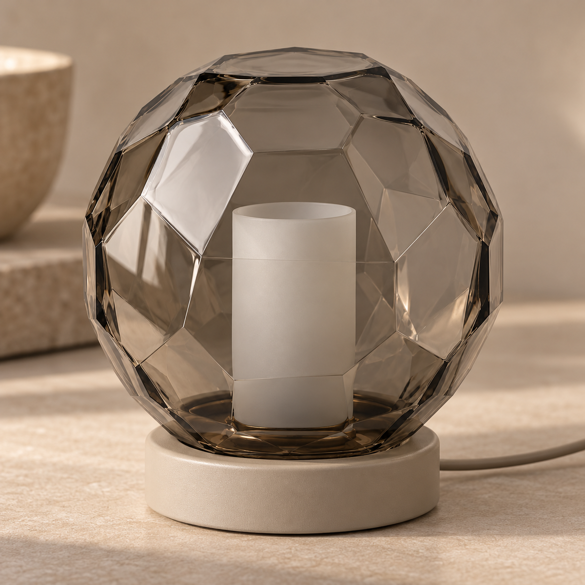 Everlumaor Smoke Gray Faceted Glass-Look Globe Table Lamp