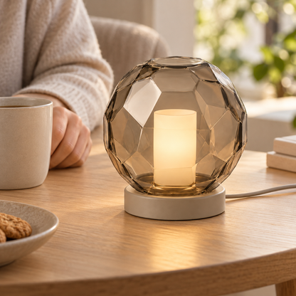 Everlumaor Smoke Gray Faceted Glass-Look Globe Table Lamp